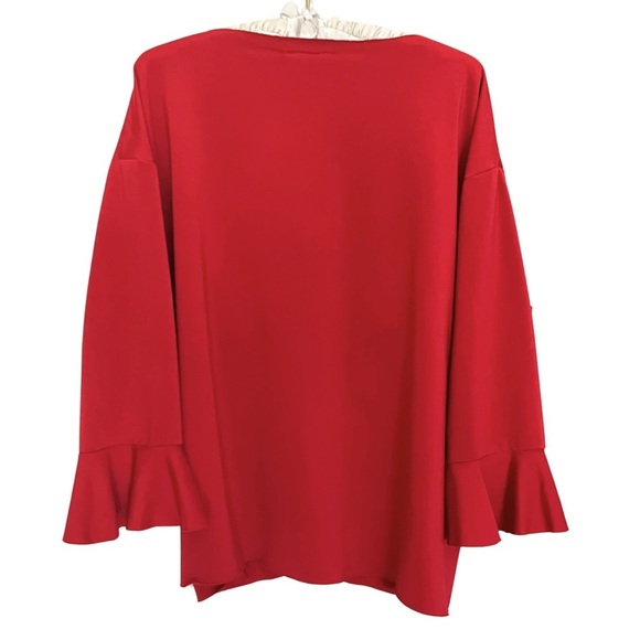 Vintage 90s 3X Red Silky Satin Flowy Ruched Bow Top with V Neck Flared Sleeves - Picture 7 of 10